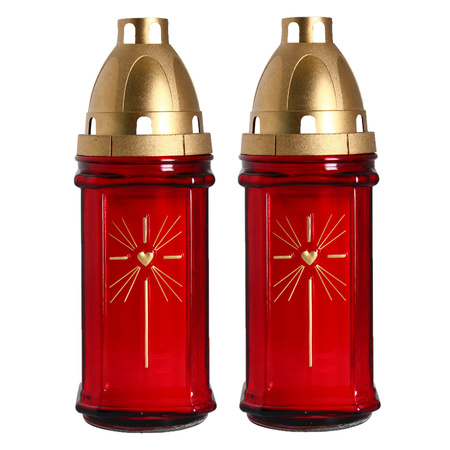 Set of 2x pieces horror decoration grave memorial candle red 8 x 22 cm 10 hours burning time