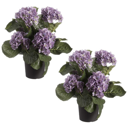 Set of 2x pieces purple hortensia Hydrangea artificial plants in black plastic pot 44 cm