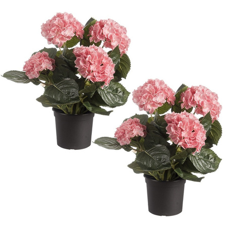 Set of 2x pieces pink hortensia Hydrangea artificial plants in black plastic pot 44 cm