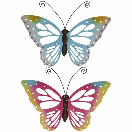 Set van 2x stuks tuindecoratie muur/wand vlinders van metaal in blauw en roze tinten 51 x 38 cm