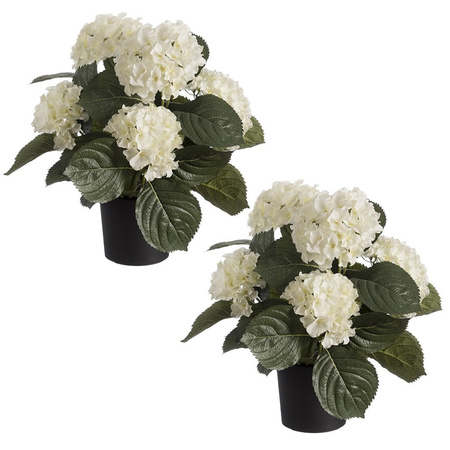 Set van 2x stuks witte hortensia Hydrangea kunstplanten in zwarte kunststof pot 44 cm