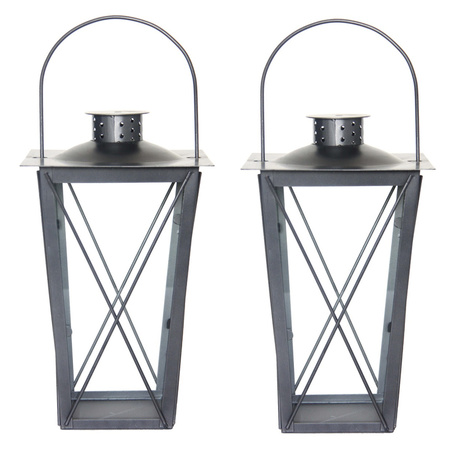 Set van 2x stuks zilveren tuin lantaarn/windlicht van ijzer 17 x 17 x 30 cm