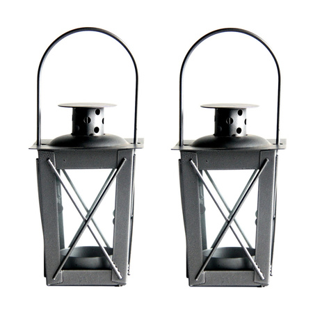 Set van 2x stuks zilveren tuin lantaarn/windlicht van ijzer 7,5 x 7,5 x 11 cm