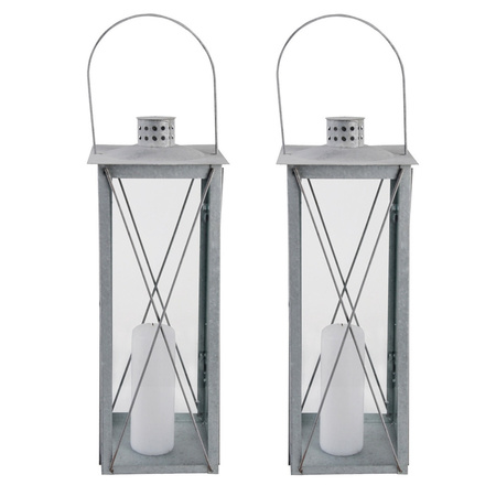 Set van 2x stuks zilveren tuin lantaarn/windlicht van zink 19,8 x 19,8 x 51,3 cm