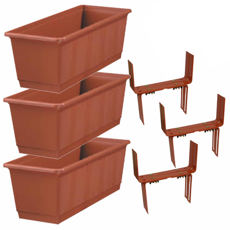 Set of 3 plant pots terracotta rectangular with 6 adjustable balcony/wall brackets
