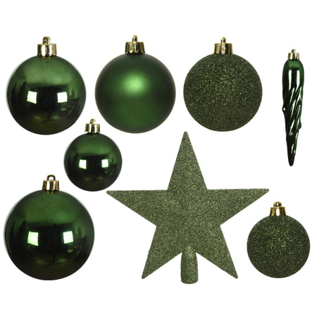 Christmas decorations baubles with topper 5-6-8 cm set pinegreen 39x pieces
