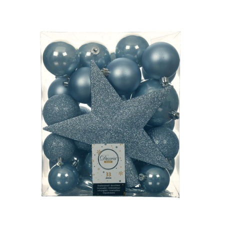 Set van 33x stuks kunststof kerstballen met ster piek lichtblauw mix