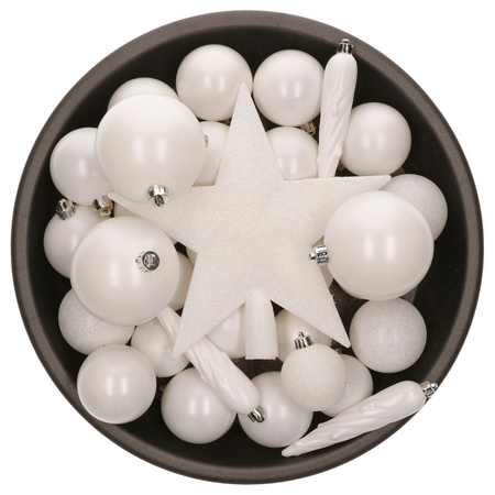 Set van 33x stuks kunststof kerstballen met ster piek parelmoer wit mix