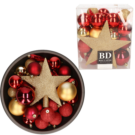 Set van 33x stuks kunststof kerstballen met ster piek rood/goud mix