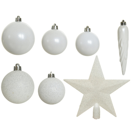Kerstversiering kunststof kerstballen met piek winter wit 5-6-8 cm pakket van 39x stuks