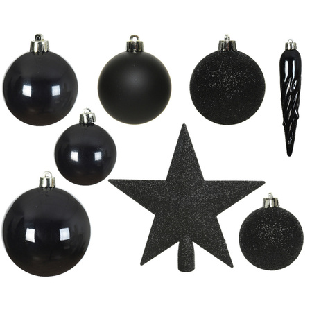 33x pcs plastic christmas baubles zwarth startopper black 5-6-8 cm including hooks