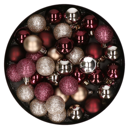 Set van 40x stuks kunststof kerstballen mix champagne en aubergine paars 3 cm