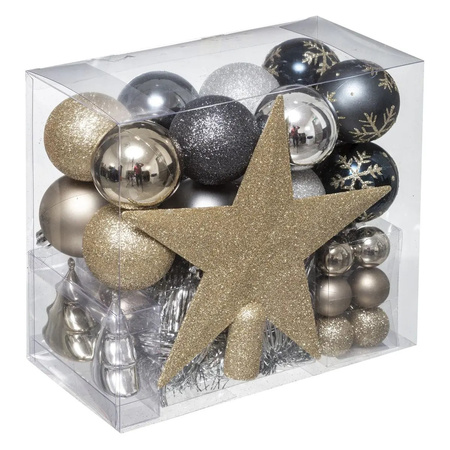 Set of 43x pcs plastic christmas baubles champagne/blue/grey star tree topper mix