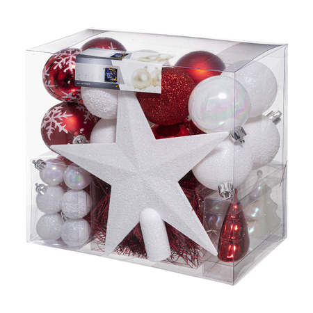 Set van 43x stuks kunststof kerstballen met ster piek rood/wit mix