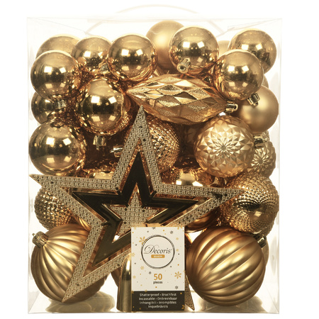 56x stuks kunststof kerstballen en ornamenten met ster piek goud
