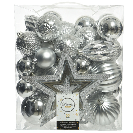 56x stuks kunststof kerstballen en ornamenten met ster piek zilver