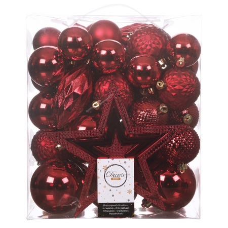 Set of 55x pcs plastic christmas baubles incl. star tree topper red