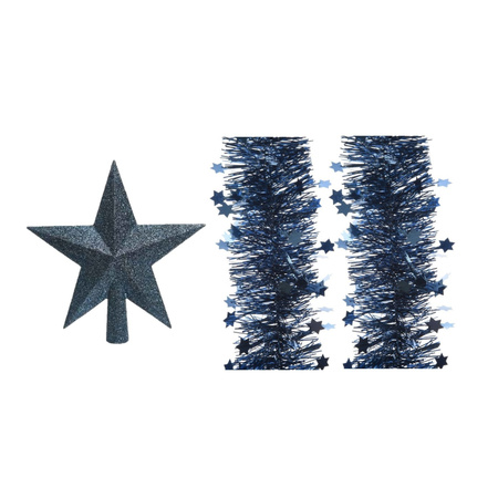 Set of a christmas star peak and 2x garlands dark blue 270 x 10 cm