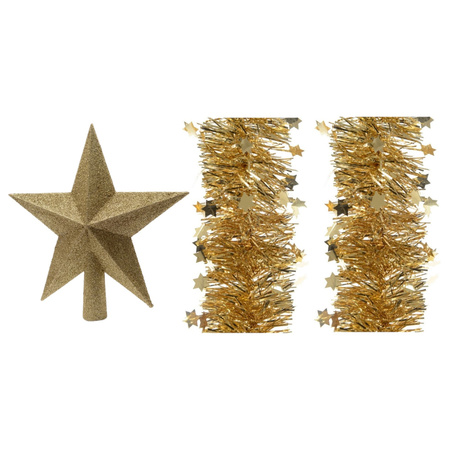 Set van een kerst ster piek en 2x stuks kerstslingers goud 270 x 10 cm