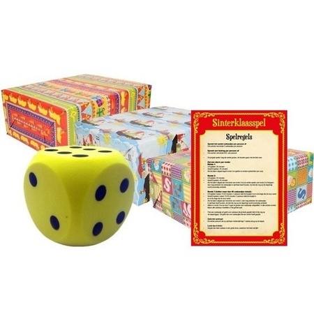 Saint Nicholas game with yellow dice and 3x wrapping paper rolls