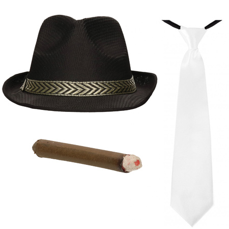 Smiffys - Gangster/Maffia carnaval hat white tie and fat cigar