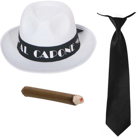 Smiffys - Gangster/Maffia verkleed set hoed zwart met stropdas en sigaar
