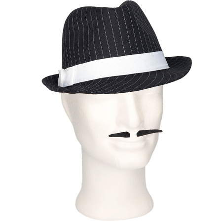 Smiffys - Gangster/Maffia verkleed set hoed zwart/wit met snorretje