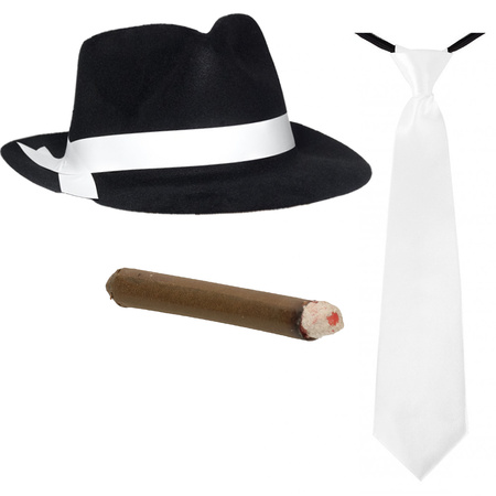 Smiffys - Gangster/Maffia verkleed set hoed zwart/wit met stropdas en sigaar
