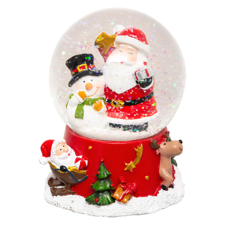 Sneeuwbol/snowglobe - rood - met kerstman en sneeuwpop - 10,5 cm - beeldje