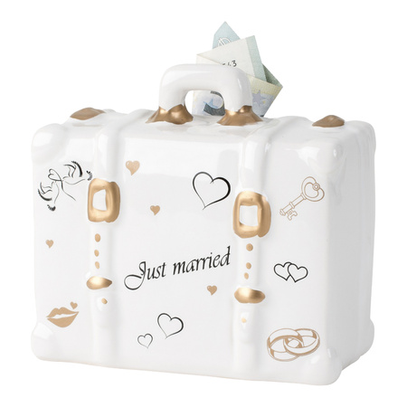 Spaarpot voor volwassenen Just Married - Keramiek - koffer in bruiloft thema - 14 x 10 cm