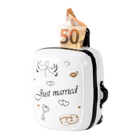 Spaarpot voor volwassenen Just Married - Keramiek - koffer in bruiloft thema - 15 x 12 cm