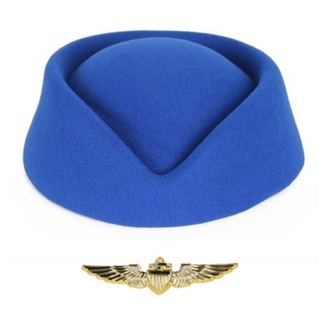 Stewardessen verkleed set - wings broche speldje - Stewardessen hoedje - blauw - dames - carnaval
