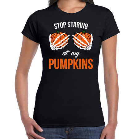 Stop staring at my pumpkins / skelet halloween verkleed t-shirt zwart voor dames