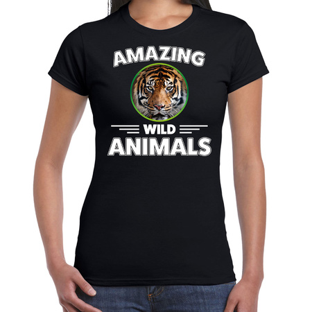 T-shirt tijgers amazing wild animals / dieren zwart voor dames