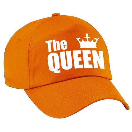 The Queen pet / cap oranje met witte letters en kroon dames