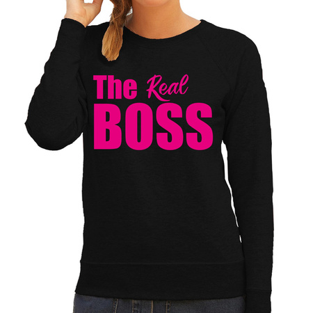 The real boss sweater / trui zwart met roze letters voor dames
