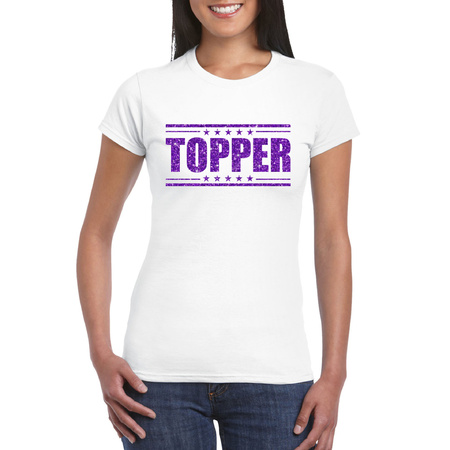 Toppers in concert - Topper t-shirt wit met paarse glitters dames