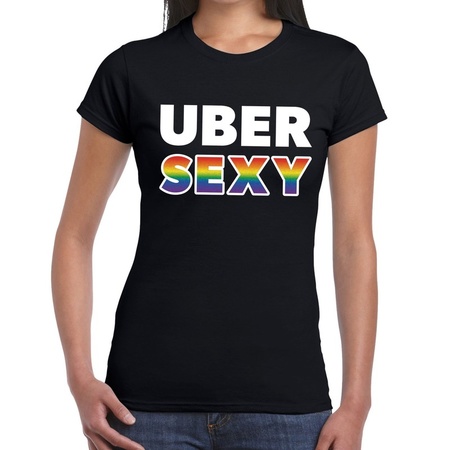 Uber sexy regenboog gaypride shirt zwart voor dames