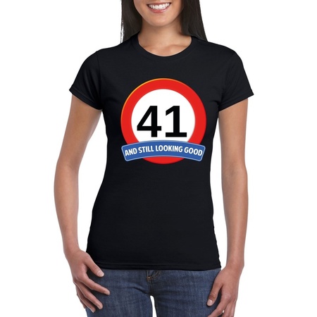 Verkeersbord 41 jaar t-shirt zwart dames