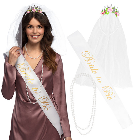 Verkleed accessoires Bruid - sjerp en kroon met sluier - wit - vrijgezellenfeest
