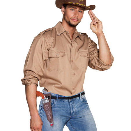 Verkleed set cowboyhoed Rodeo bruin/wit - met holster en pistool - voor volwassenen