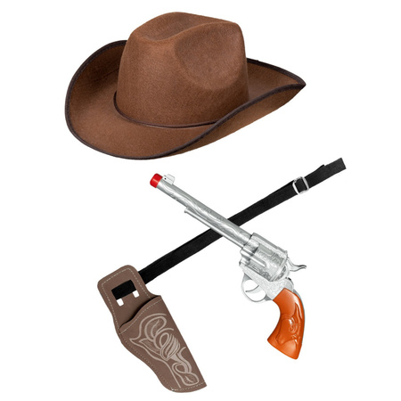 Carnaval set cowboy hat brown - with holster and gun - for adults
