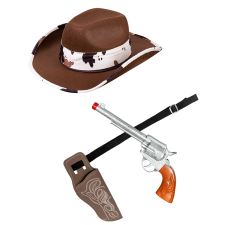 Carnaval set cowboy hat brown/white - with holster and gun - for adults