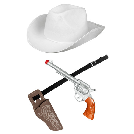 Verkleed set cowboyhoed Rodeo wit - met holster en pistool - voor volwassenen