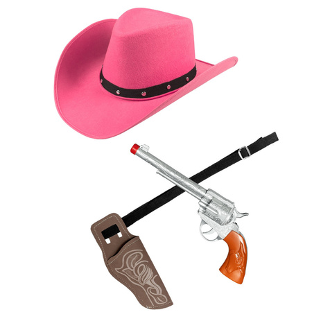 Verkleed set cowboyhoed Wichita roze - met holster en pistool - voor volwassenen