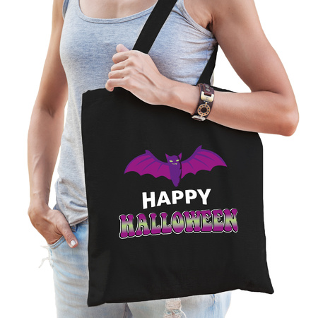 Vleermuis / happy halloween trick or treat katoenen tas/ snoep tas zwart 