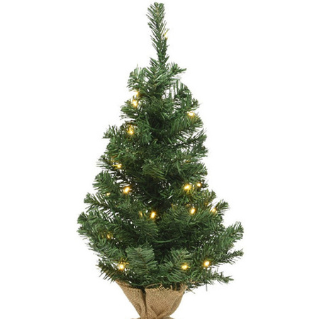 Volle mini kerstbomen groen in jute zak met verlichting 45 cm