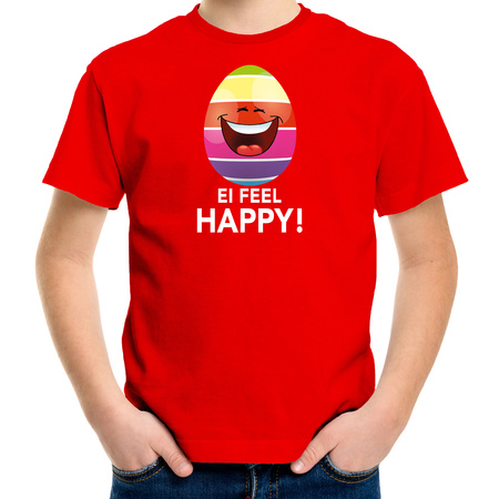 Vrolijk Paasei ei feel happy t-shirt rood voor kinderen - Paas kleding / outfit