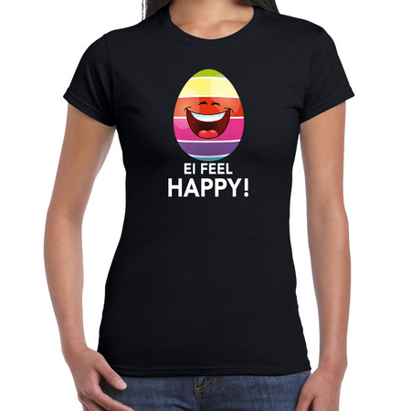 Vrolijk Paasei ei feel happy t-shirt zwart voor dames - Paas kleding / outfit