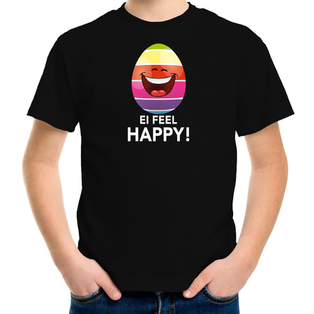 Vrolijk Paasei ei feel happy t-shirt zwart voor kinderen - Paas kleding / outfit